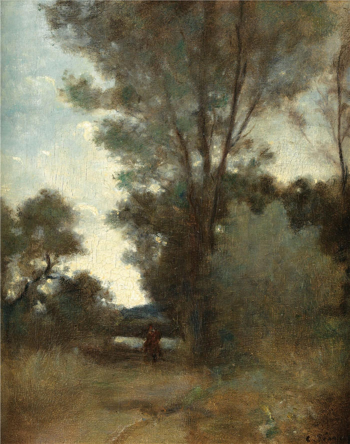 卡米尔·毕沙罗（Camille Pissarro，法国画家）高清作品-《森林边缘的骑士（约1859年）》