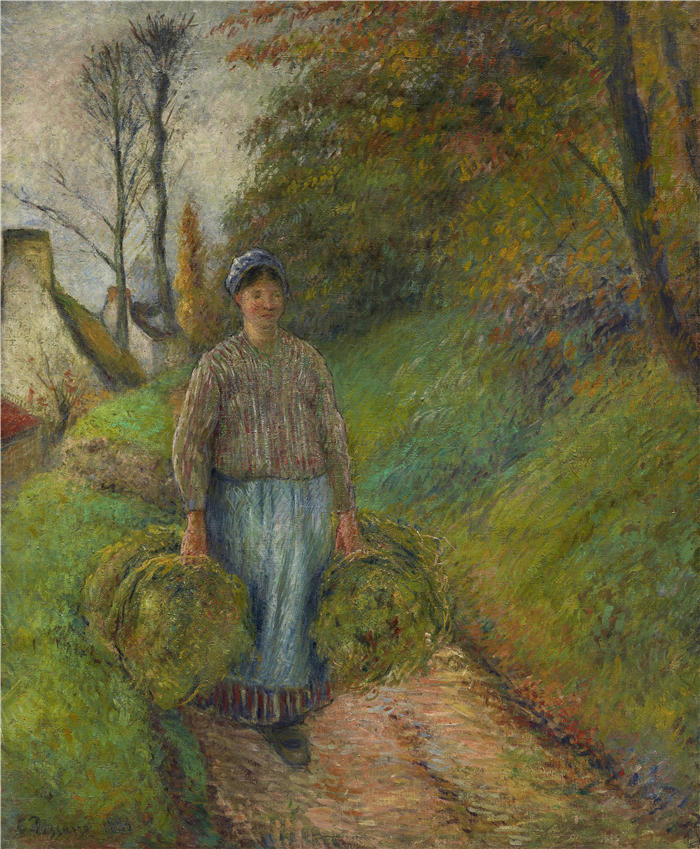 卡米尔·毕沙罗（Camille Pissarro，法国画家）高清作品-《拿着两捆干草的农妇（1883 年）》