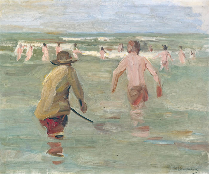 马克斯·利伯曼（Max Liebermann，德国画家）高清作品下载-《和螃蟹渔夫一起洗澡的男孩》