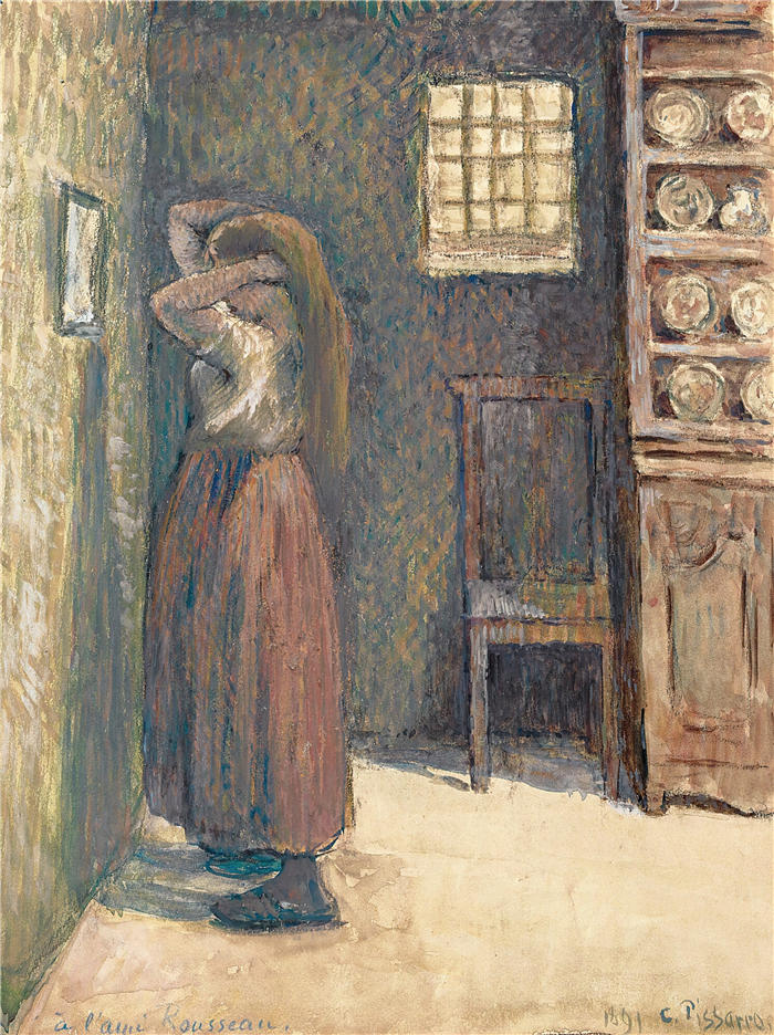 卡米尔·毕沙罗（Camille Pissarro，法国画家）高清作品-《年轻农民梳头（1891年）》