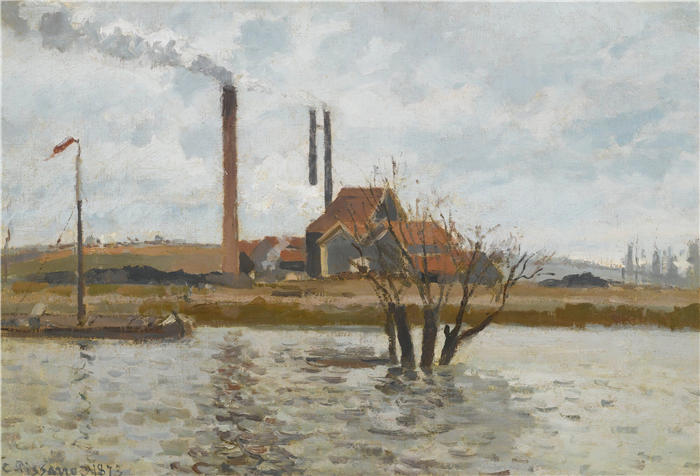 卡米尔·毕沙罗（Camille Pissarro，法国画家）高清作品-《圣乌恩工厂-奥姆-瓦兹河洪水》