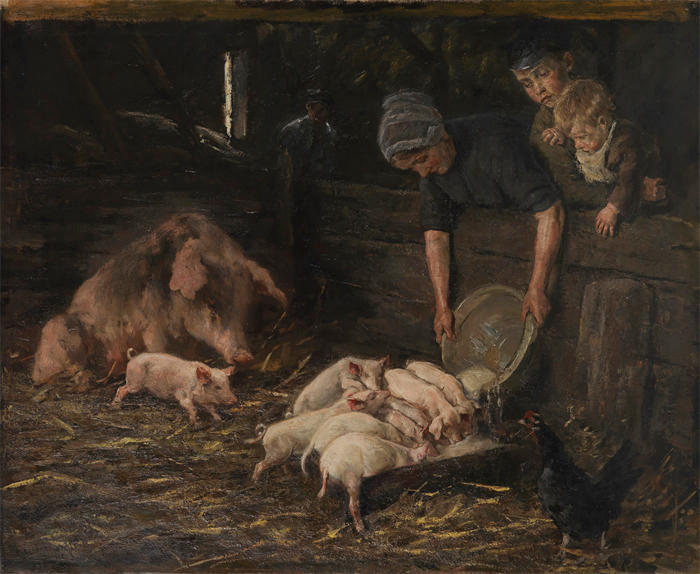 马克斯·利伯曼（Max Liebermann，德国画家）高清作品下载-《托儿所——猪圈（1888）》