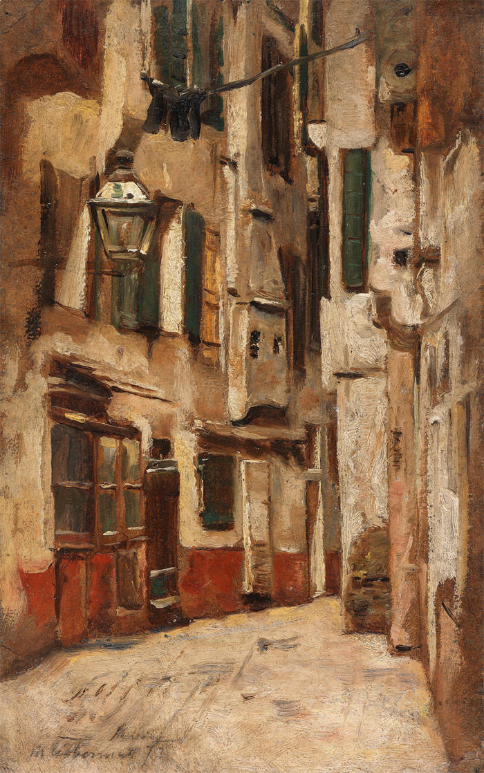 马克斯·利伯曼（Max Liebermann，德国画家）高清作品下载-《右边的威尼斯小巷（1878年）》