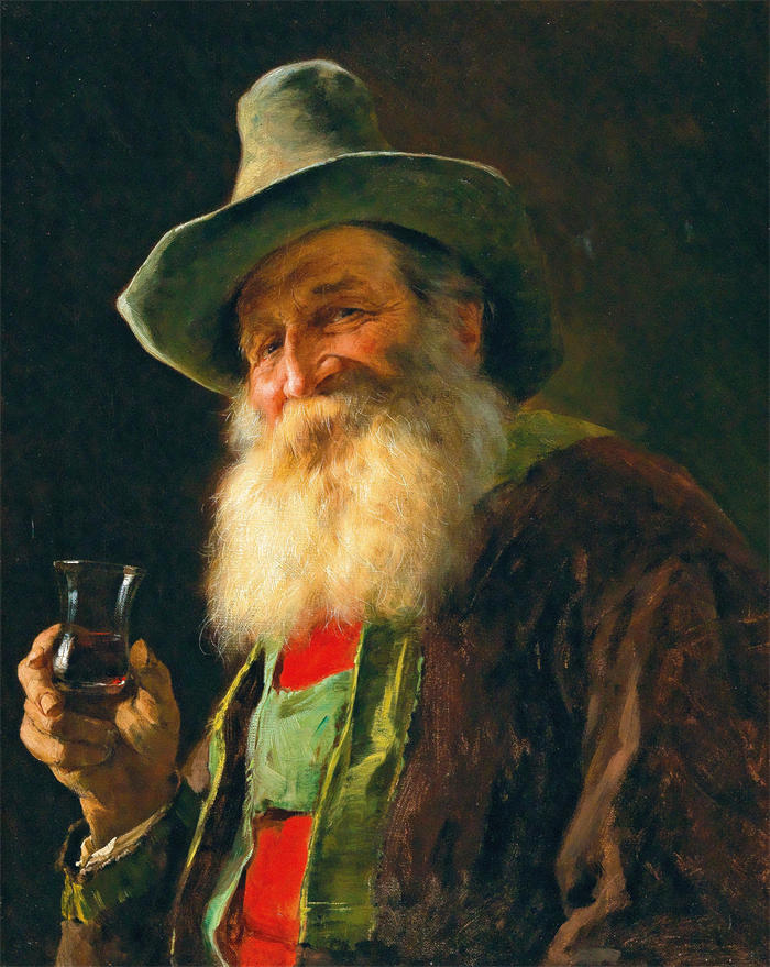弗朗茨·冯·德弗雷格（Franz von Defregger，奥地利画家）高清作品-《提洛尔农民与酒杯》
