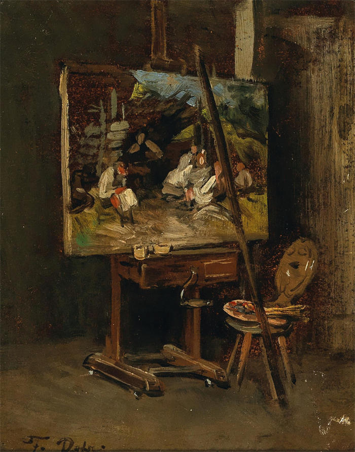 弗朗茨·冯·德弗雷格（Franz von Defregger，奥地利画家）高清作品-《艺术家的画架 (1887)》