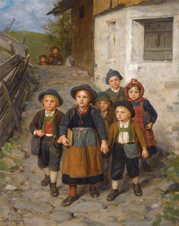 弗朗茨·冯·德弗雷格（Franz von Defregger，奥地利画家）高清作品-《去上学》