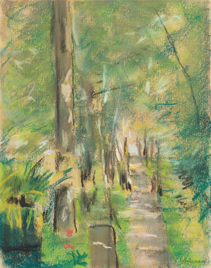 马克斯·利伯曼(Max Liebermann,德国画家)高清作品下载-《万湖花园的白桦林大道(约 1918 年)》