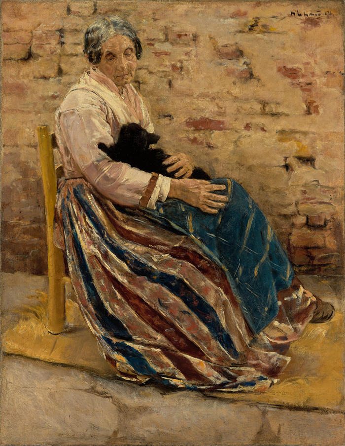 马克斯·利伯曼（Max Liebermann，德国画家）高清作品下载-《有猫的老妇人 (1878)》