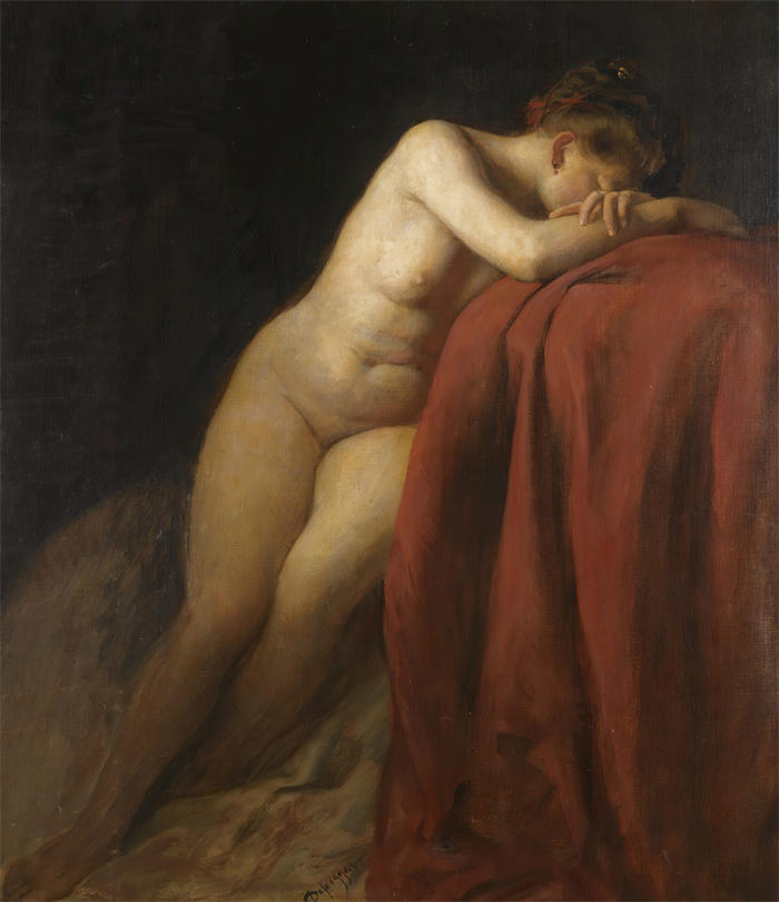 弗朗茨·冯·德弗雷格（Franz von Defregger，奥地利画家）高清作品-《裸体与红色悬垂》