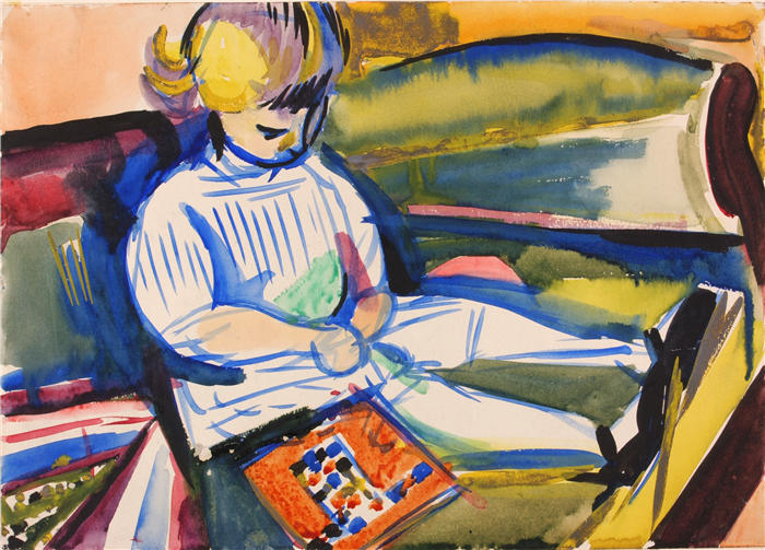 亨利·莱曼·萨昂(Henry Lyman Saÿen，美国画家)高清作品-《沙发上的孩子（约 1914-1918 年）》