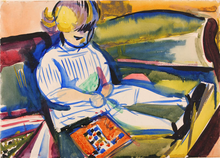 亨利·莱曼·萨昂(Henry Lyman Saÿen,美国画家)高清作品-《沙发上的孩子(约 1914-1918 年)》