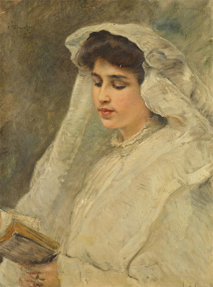 康斯坦丁·马科夫斯基（ Konstantin Makovsky，俄罗斯画家）高清油画作品-《阅读的女人》