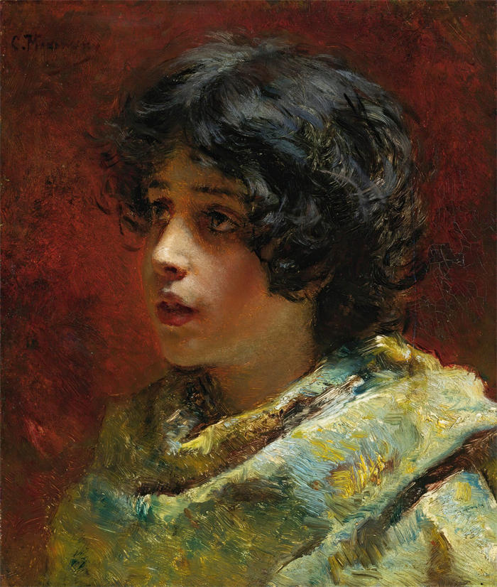 康斯坦丁·马科夫斯基（ Konstantin Makovsky，俄罗斯画家）高清油画作品-《一个年轻女孩的肖像》