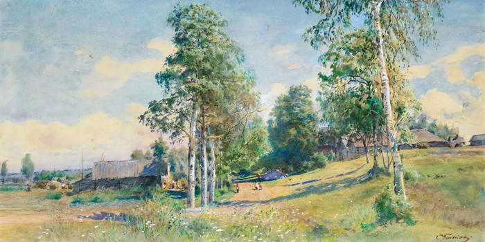 康斯坦丁·马科夫斯基（ Konstantin Makovsky，俄罗斯画家）高清油画作品-《春天的俄罗斯村庄》