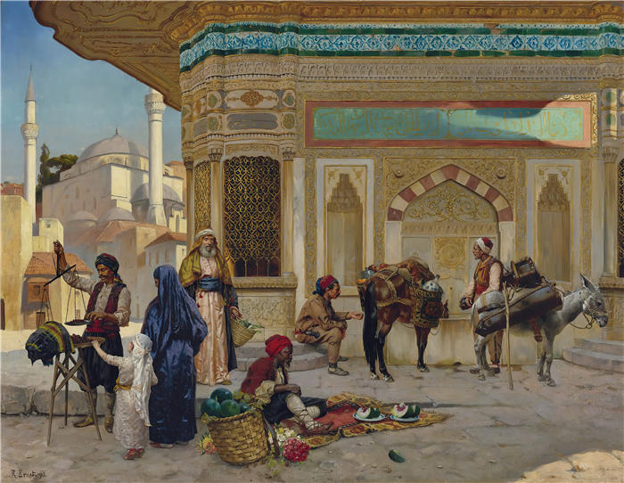 鲁道夫·恩斯特（Rudolf Ernst，奥地利画家）高清作品-《艾哈迈德三世喷泉，伊斯坦布尔（1892 年）》