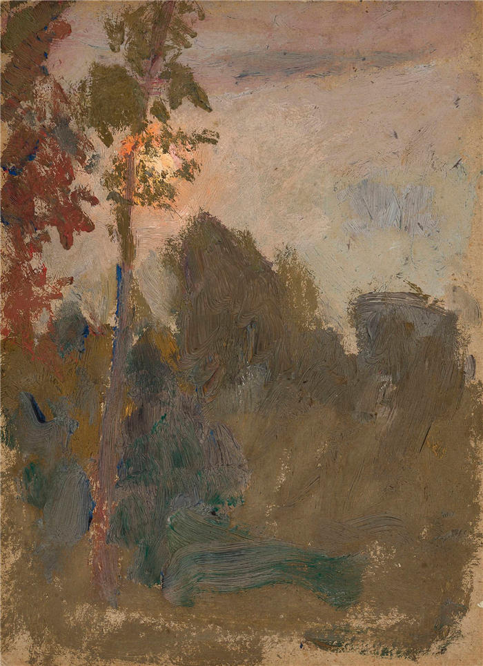 塔德乌什·马科夫斯基（Tadeusz Makowski，波兰画家 ）高清作品-《森林中的日落（1907）》