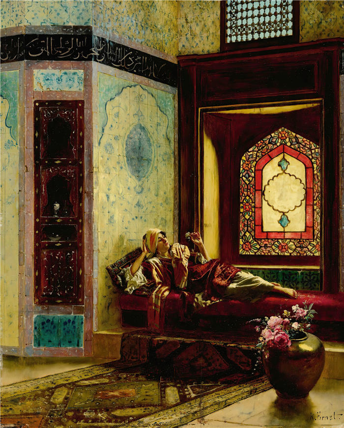 鲁道夫·恩斯特（Rudolf Ernst，奥地利画家）高清作品-《有玫瑰的疲倦的东方夫人》