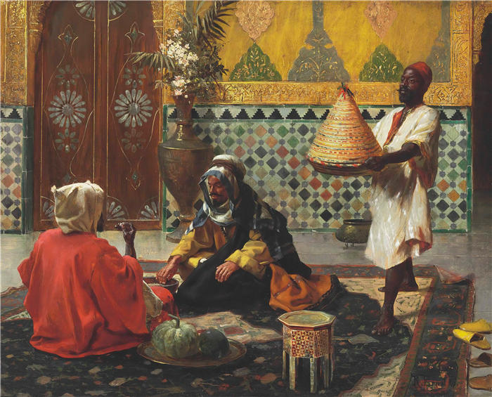 鲁道夫·恩斯特（Rudolf Ernst，奥地利画家）高清作品-《下午的讨论（1886 年）》