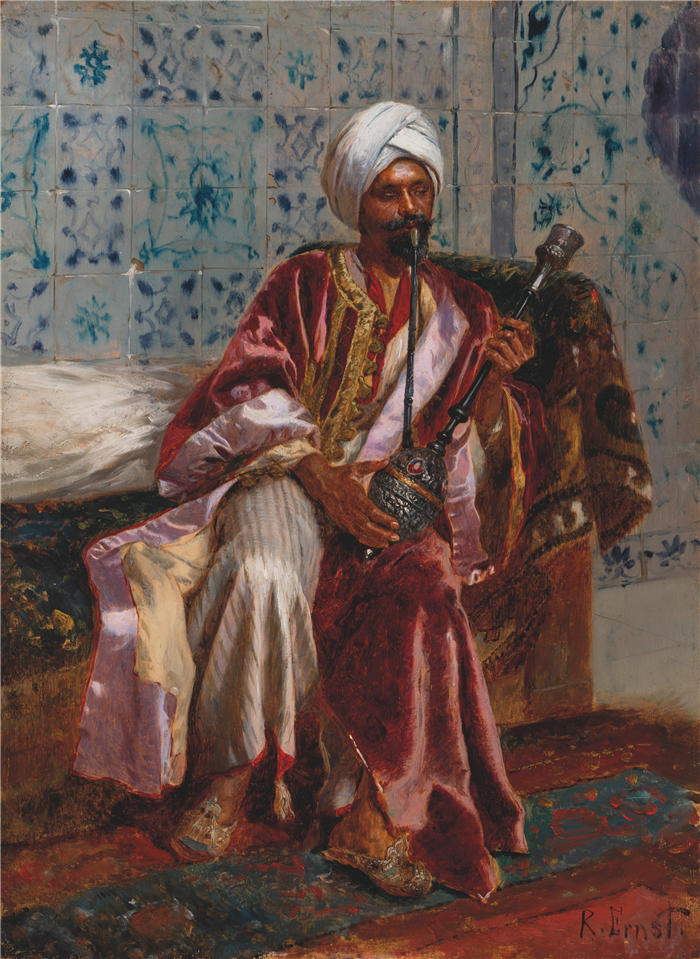 鲁道夫·恩斯特（Rudolf Ernst，奥地利画家）高清作品-《阿拉伯人吸烟 nargilah》