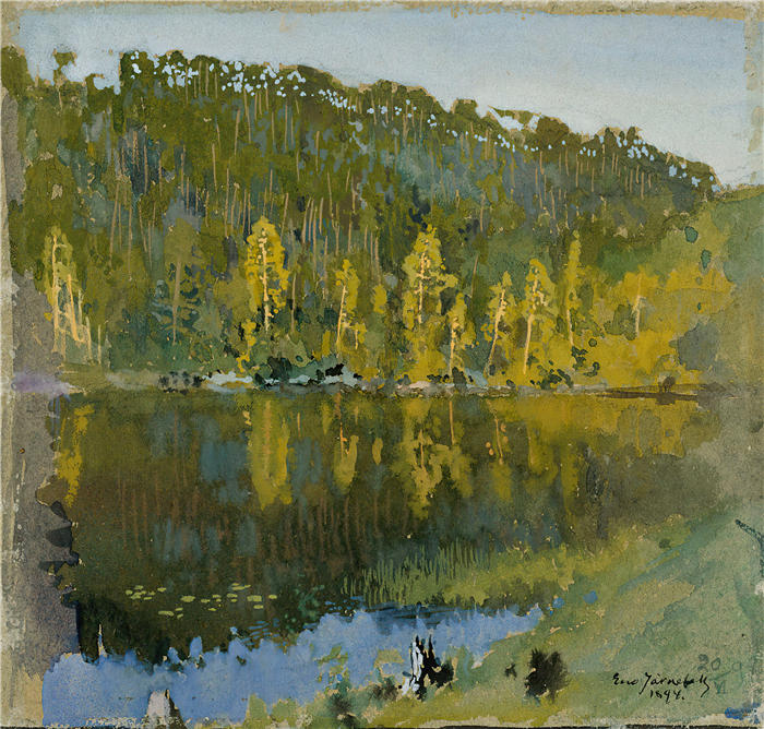埃罗·杰内费尔特（Eero Järnefelt，芬兰画家）高清作品-《森林池塘，景观研究（1894 年）》