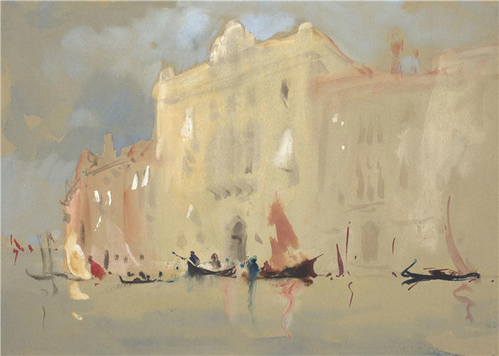 赫拉克勒斯·布拉巴松·布拉巴松(Hercules Brabazon Brabazon，英国画家)高清作品-《威尼斯大运河宫殿前的贡多拉》