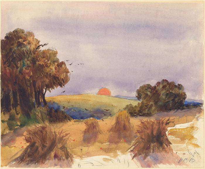 赫拉克勒斯·布拉巴松·布拉巴松(Hercules Brabazon Brabazon,英国画家)高清作品-《夕阳下的麦田》