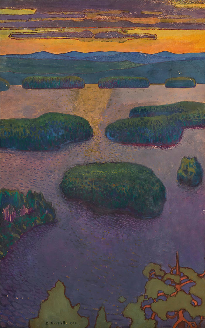 埃罗·杰内费尔特（Eero Järnefelt，芬兰画家）高清作品-《湖上的日落（1894 年）》
