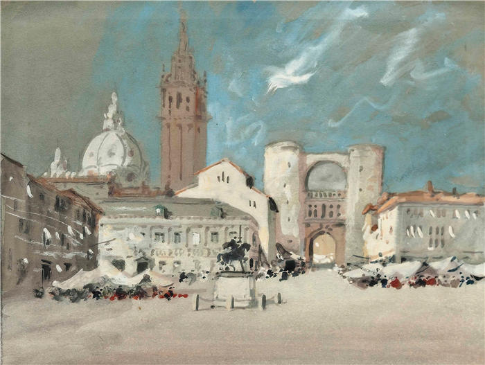 赫拉克勒斯·布拉巴松·布拉巴松(Hercules Brabazon Brabazon，英国画家)高清作品-《Piazza Dei Signori, 帕多瓦》