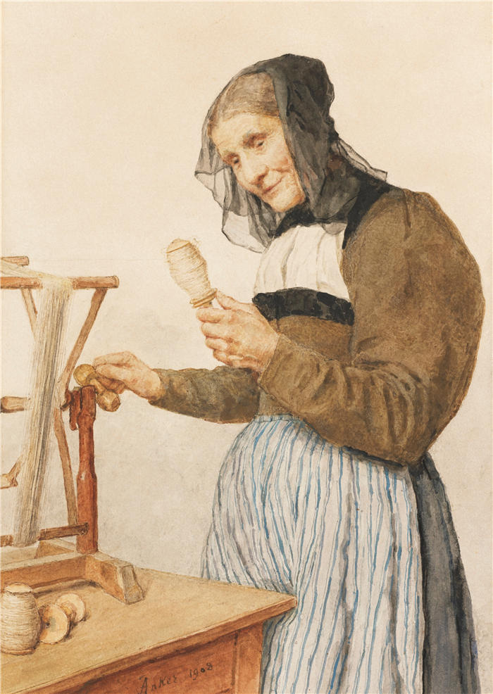 阿尔伯特·安克（Albert Anker，瑞士画家）高清作品-《带纺锤的老妇人 (1908)》