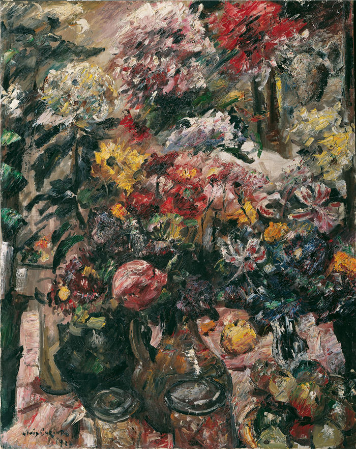 洛维斯·科林斯（Lovis Corinth，德国画家）高清作品-《菊花和孤挺花的静物 (1922)》