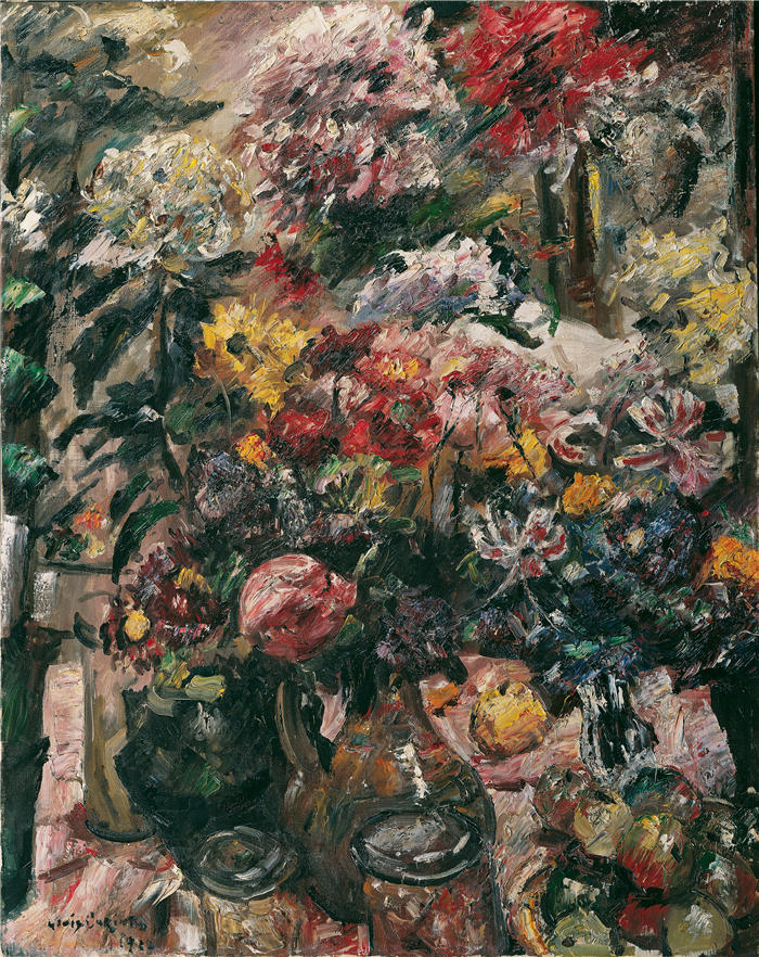 洛维斯·科林斯(Lovis Corinth,德国画家)高清作品-《菊花和孤挺花的静物 (1922)》