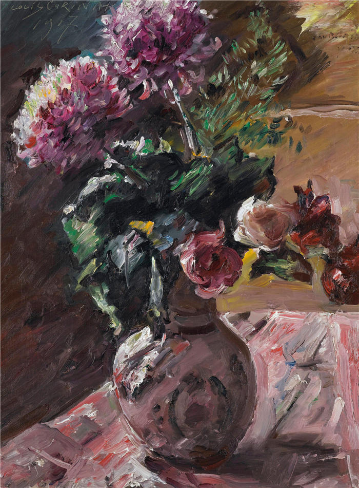 洛维斯·科林斯（Lovis Corinth，德国画家）高清作品-《投手中的菊花和玫瑰（1917）》