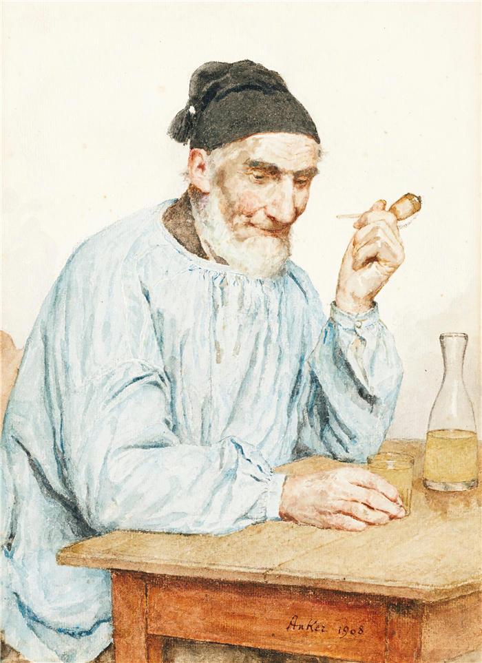 阿尔伯特·安克（Albert Anker，瑞士画家）高清作品-《餐桌上的农民（1908 年）》