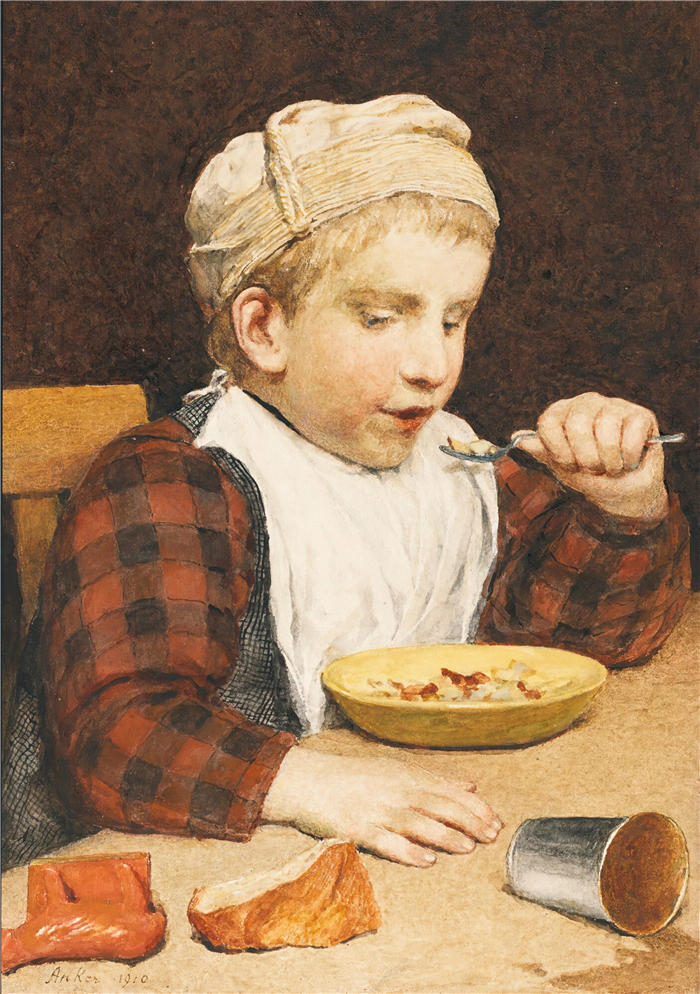阿尔伯特·安克（Albert Anker，瑞士画家）高清作品-《戴帽子吃东西的男孩（1910）》