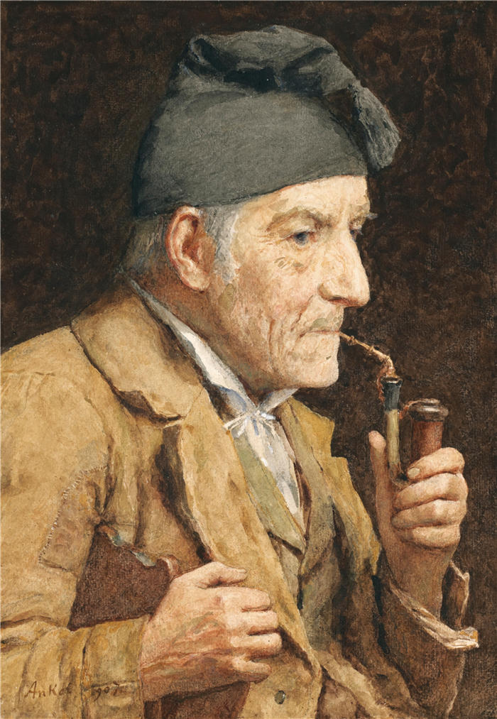 阿尔伯特·安克（Albert Anker，瑞士画家）高清作品-《老人抽他的烟斗（1907）》
