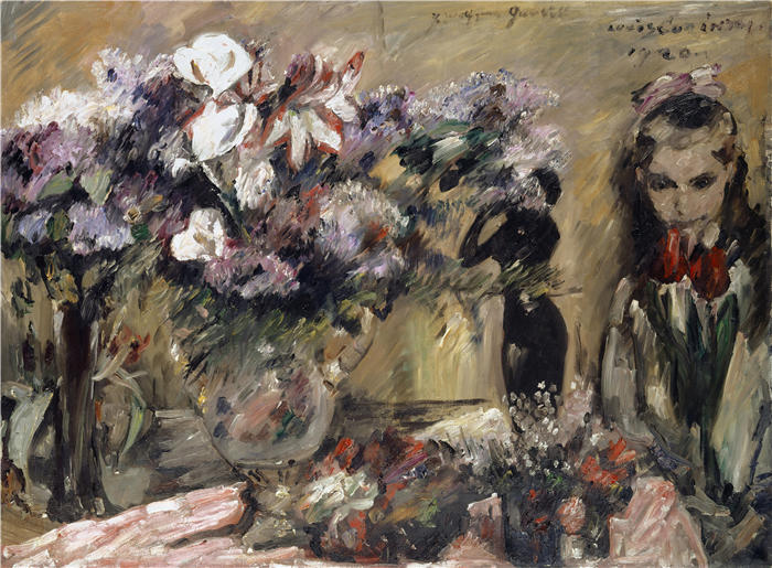 洛维斯·科林斯（Lovis Corinth，德国画家）高清作品-《鲜花和女儿威廉敏娜 (1920)》