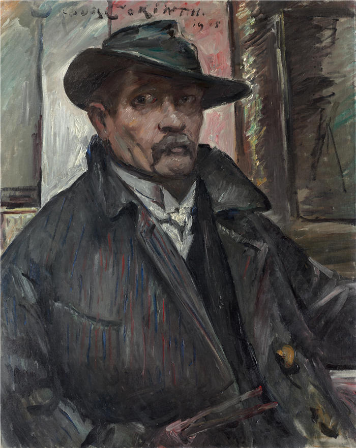 洛维斯·科林斯(Lovis Corinth,德国画家)高清作品-《戴帽子和外套的自画像(1915 年)》