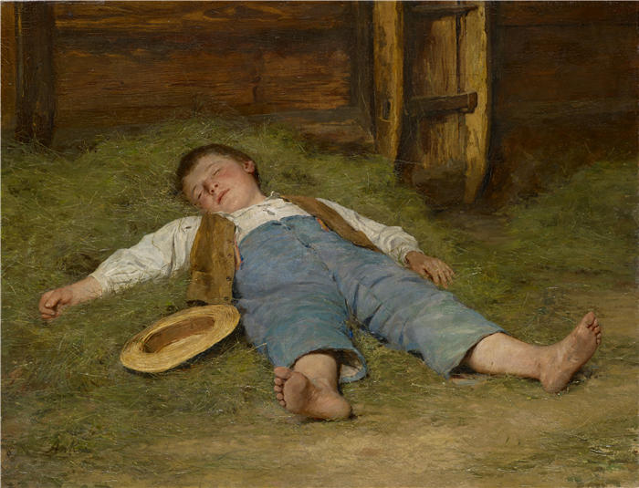阿尔伯特·安克（Albert Anker，瑞士画家）高清作品-《在干草丛中睡着的男孩 (1891–1897)》