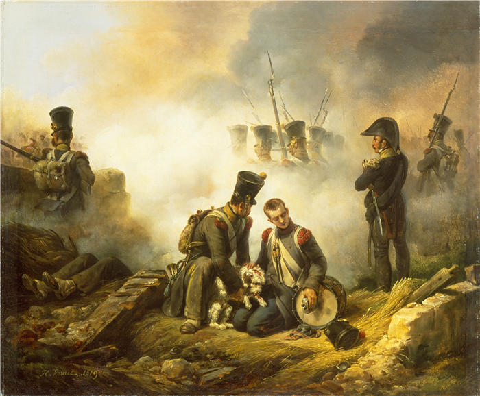贺拉斯·韦尔内(Horace Vernet,法国画家)高清作品-《军团的狗受伤(1819 年)》