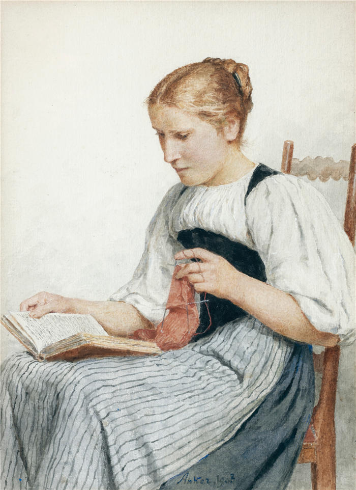 阿尔伯特·安克（Albert Anker，瑞士画家）高清作品-《针织女孩阅读（1907）》