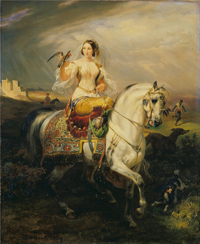 贺拉斯·韦尔内（Horace Vernet，法国画家）高清作品-《一位阿尔及利亚女士霍金 (1839)》