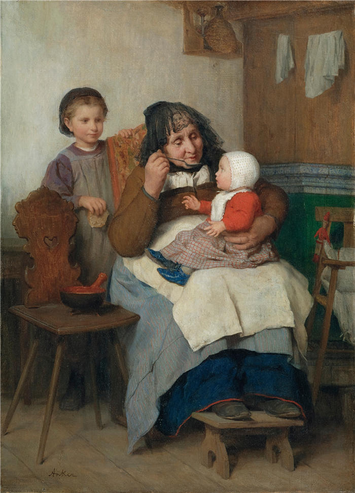 阿尔伯特·安克（Albert Anker，瑞士画家）高清作品-《祖母舀汤给孙子（1868 年）》