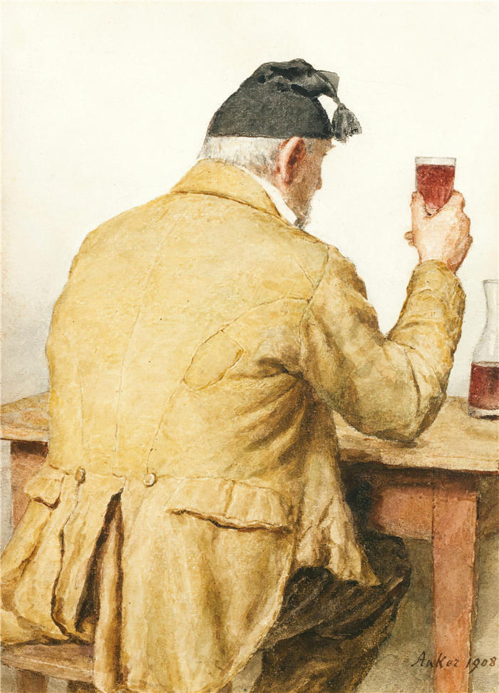 阿尔伯特·安克(Albert Anker,瑞士画家)高清作品-《坐在桌旁的老人(1908 年)》