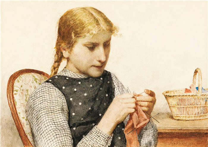 阿尔伯特·安克（Albert Anker，瑞士画家）高清作品-《针织女孩（1910）》
