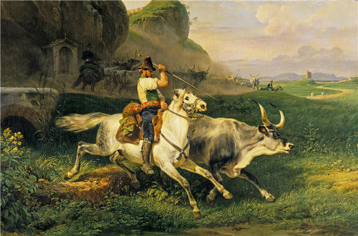 贺拉斯·韦尔内（Horace Vernet，法国画家）高清作品-《一个罗马牧人赶牛（1829 年）》