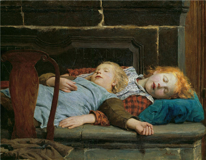 阿尔伯特·安克（Albert Anker，瑞士画家）高清作品-《两个睡在炉台上的女孩（1895）》