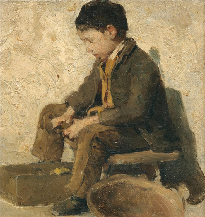 阿尔伯特·安克（Albert Anker，瑞士画家）高清作品-《坐着剥蔬菜的男孩》