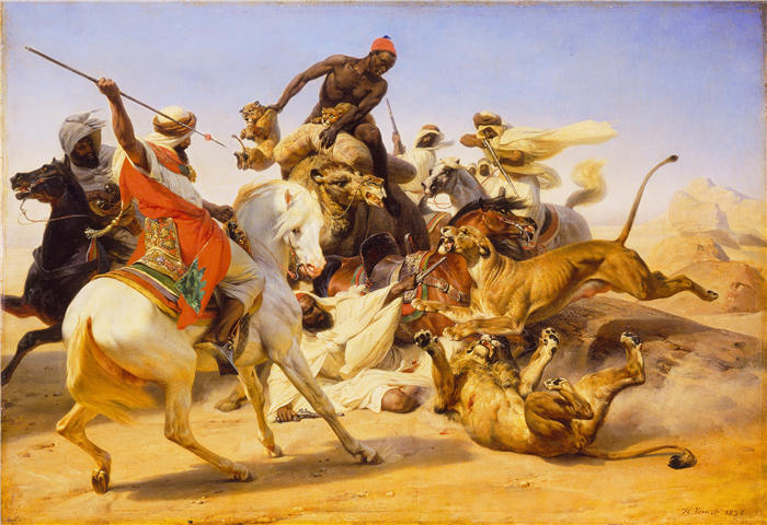 贺拉斯·韦尔内（Horace Vernet，法国画家）高清作品-《猎狮 (1836)》