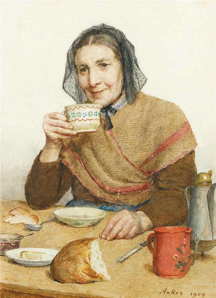 阿尔伯特·安克（Albert Anker，瑞士画家）高清作品-《坐着的农妇手里拿着一个杯子（1909）》