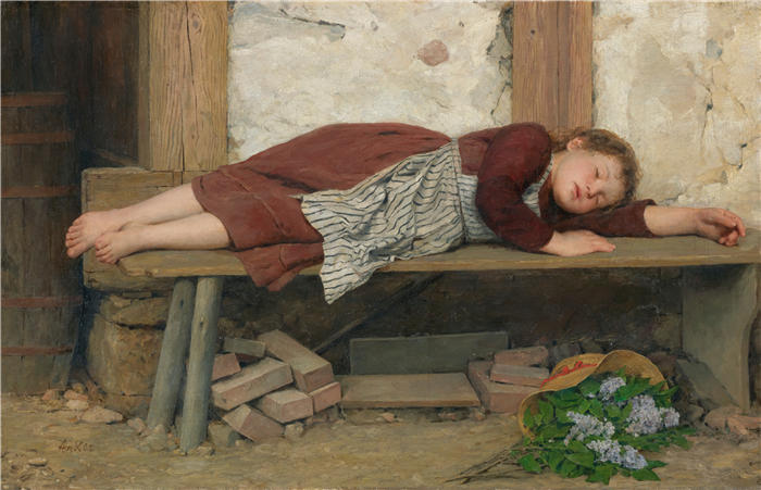 阿尔伯特·安克（Albert Anker，瑞士画家）高清作品-《睡在木凳上的女孩》